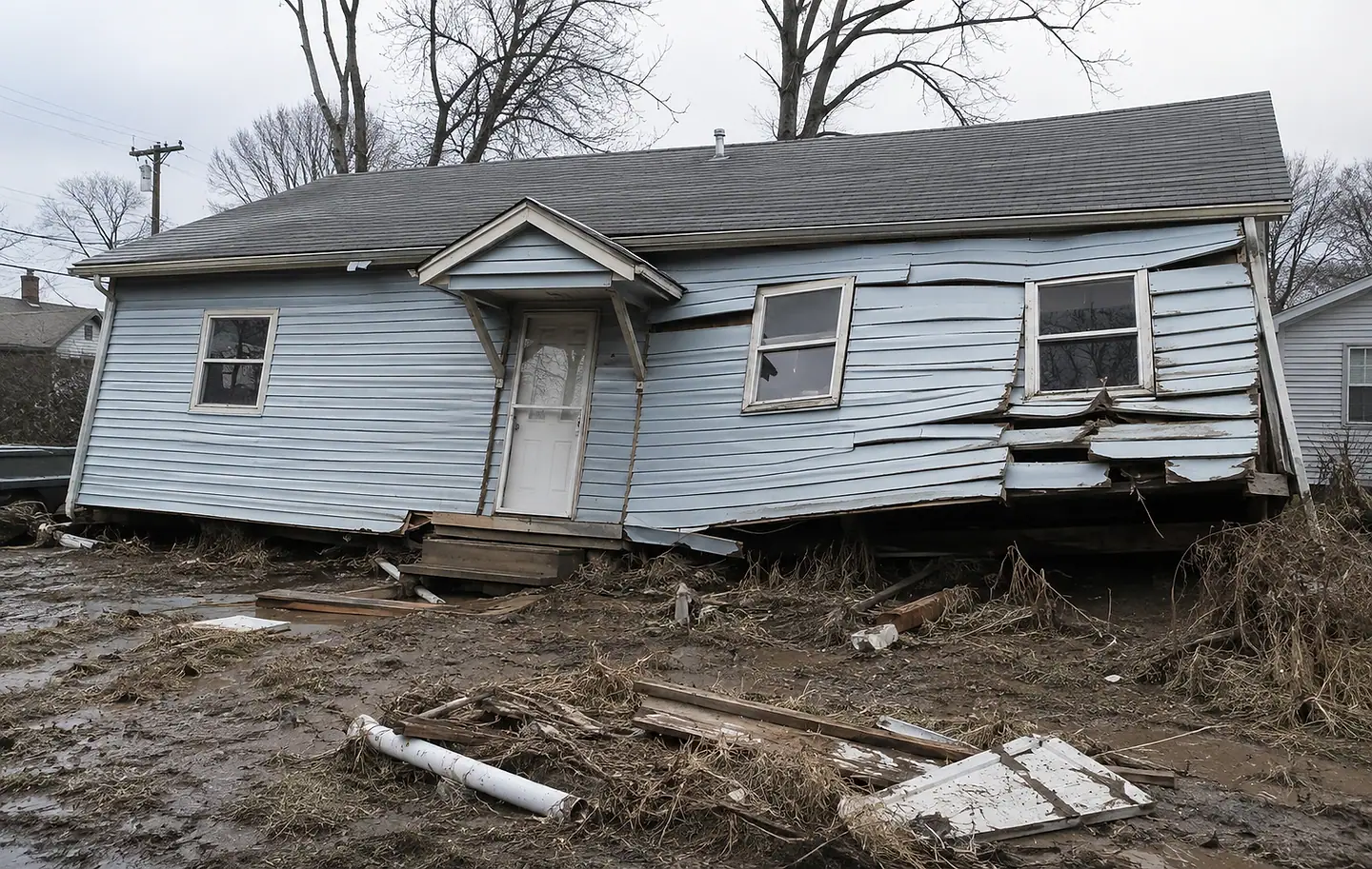 A flood-damaged single-storey home with debris across the yard.