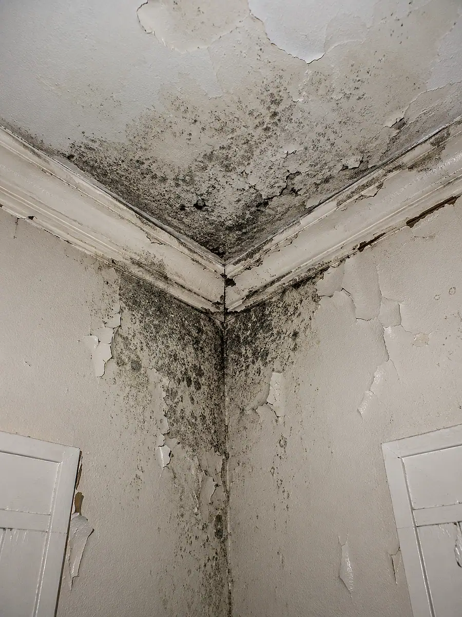 Mould growth on a painted interior wall and ceiling corner.