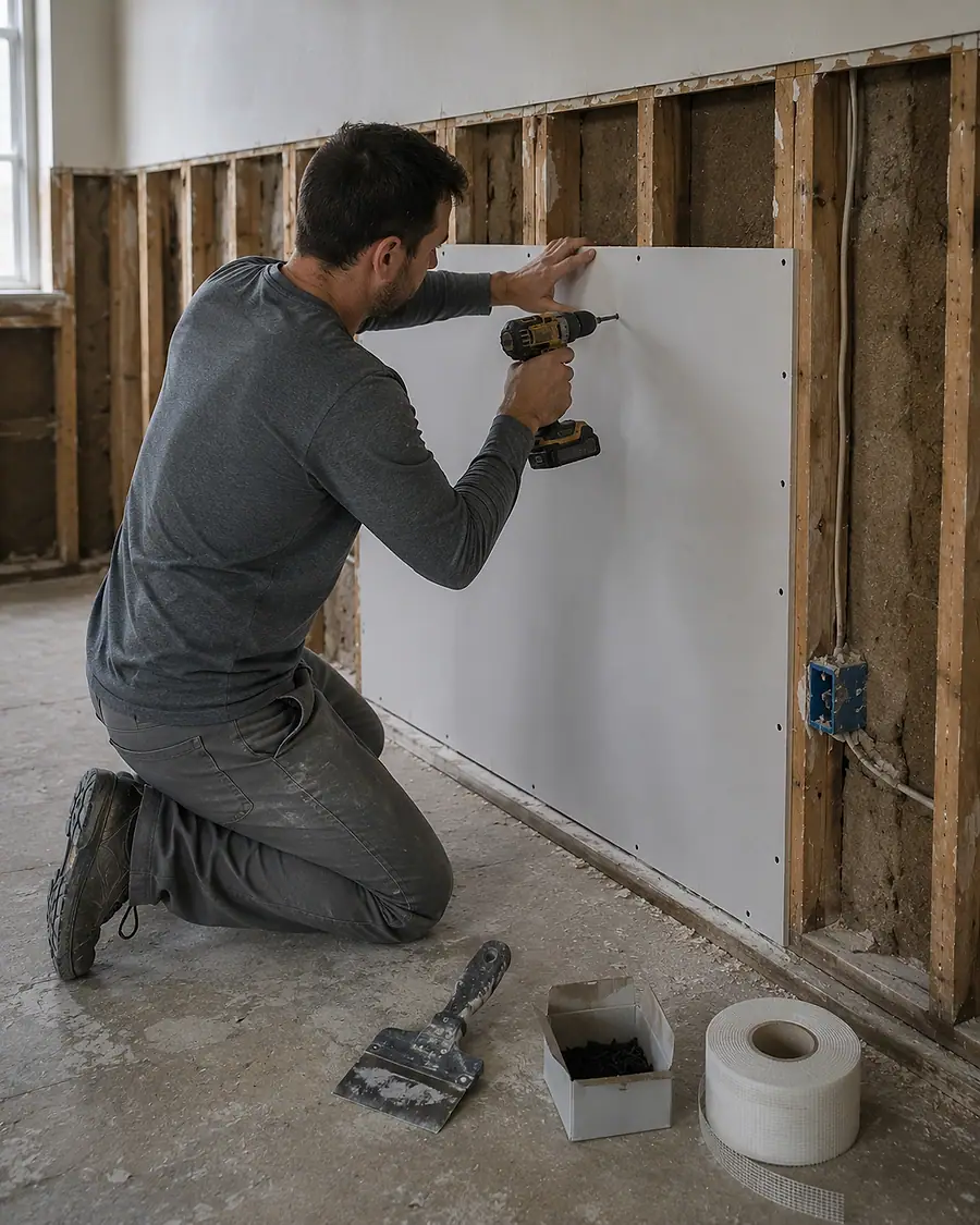 A technician repairing and refinishing an interior wall during reconstruction.