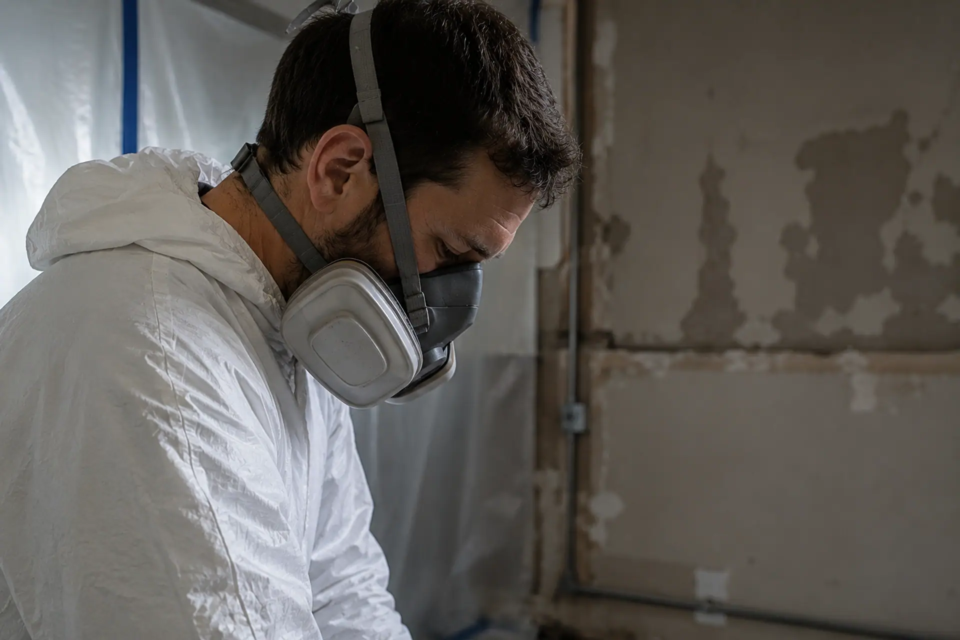 A technician in protective coveralls and a respirator working along a stripped interior wall in a damaged room.