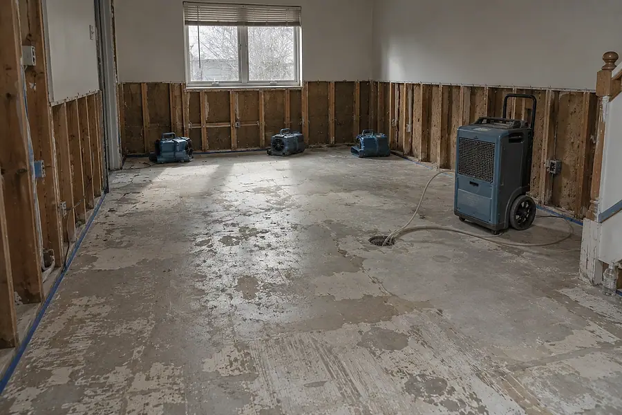 A stripped ground-floor room with air movers and a dehumidifier running.